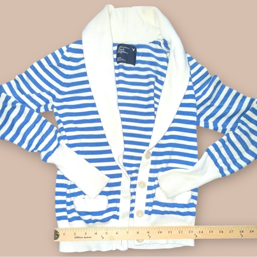 American Eagle Striped Shawl Collar Cardigan Blue White Medium Cozy - Picture 2 of 5